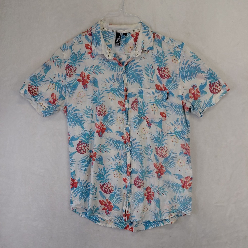 Soulstar Mens Large Tropical Pineapple Floral Button Down Shirt White Blue Red